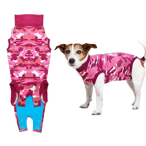 Suitical Recovery Suit for Dogs | Spay and Neutering Dog Surgery Recovery Suit for Male or Female | Soft Fabric for Skin Conditions | S+ | Neck to Tail 19.3”-22.4” | Pink Camouflage