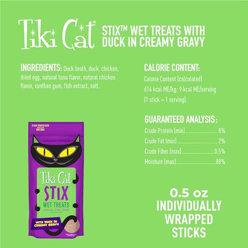 Tiki Cat Stix Mousse Treats, Single Serve Indulgent Lickable Treat or Dry Food Topper, with Duck in Creamy Gravy, 3 oz. Pouch (Pack of 6)