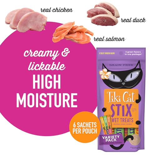 Tiki Cat Stix Mousse Treats, Single Serve Indulgent Lickable Treat or Dry Food Topper, with Duck in Creamy Gravy, 3 oz. Pouch (Pack of 6)