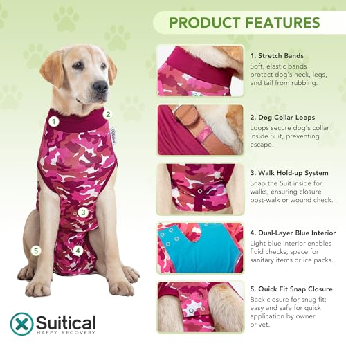 Suitical Recovery Suit for Dogs | Spay and Neutering Dog Surgery Recovery Suit for Male or Female | Soft Fabric for Skin Conditions | S+ | Neck to Tail 19.3”-22.4” | Pink Camouflage