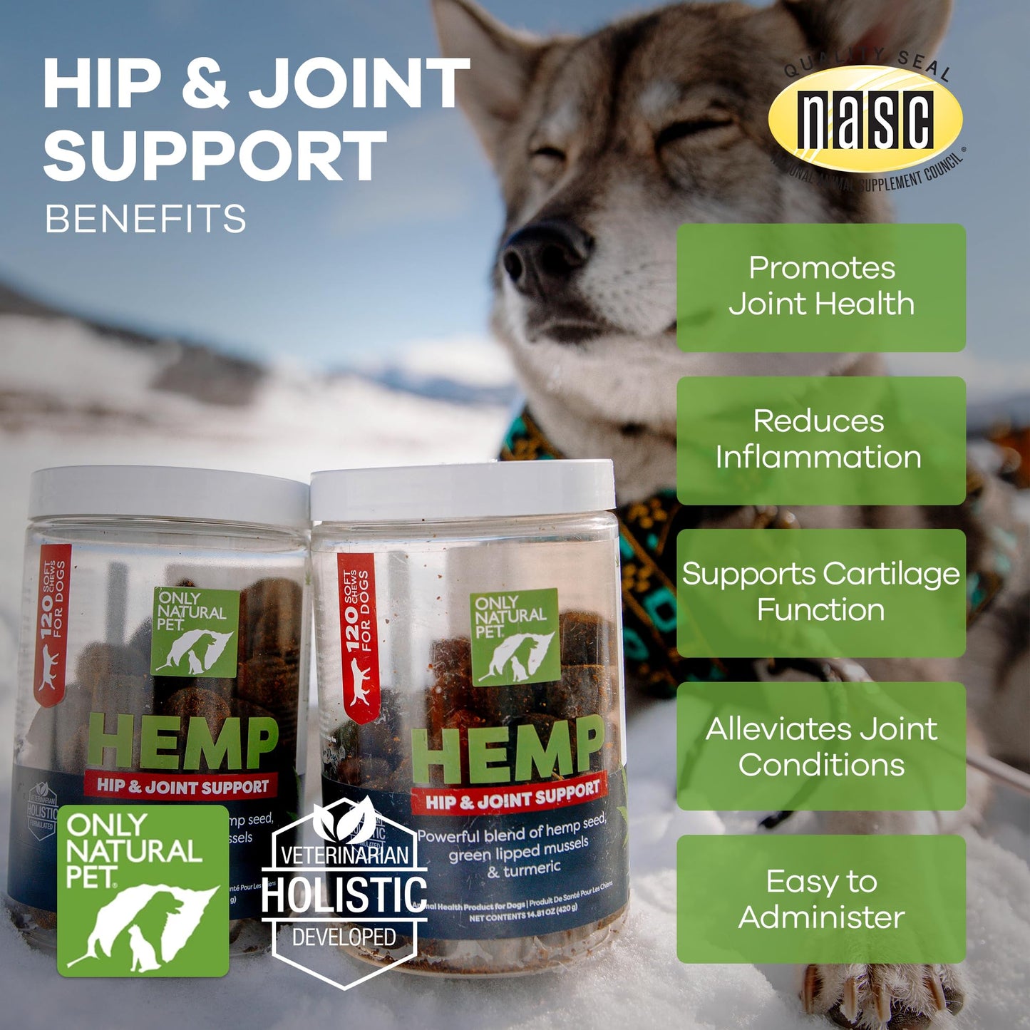 Only Natural Pet Hemp Hip & Joint Support for Dogs - Supplement for Mobility Wellness Pain Relief Healthy Inflammatory & Bone Stiffness - Chews w/Fatty Acid Blend Mussels & Turmeric - 120 Count