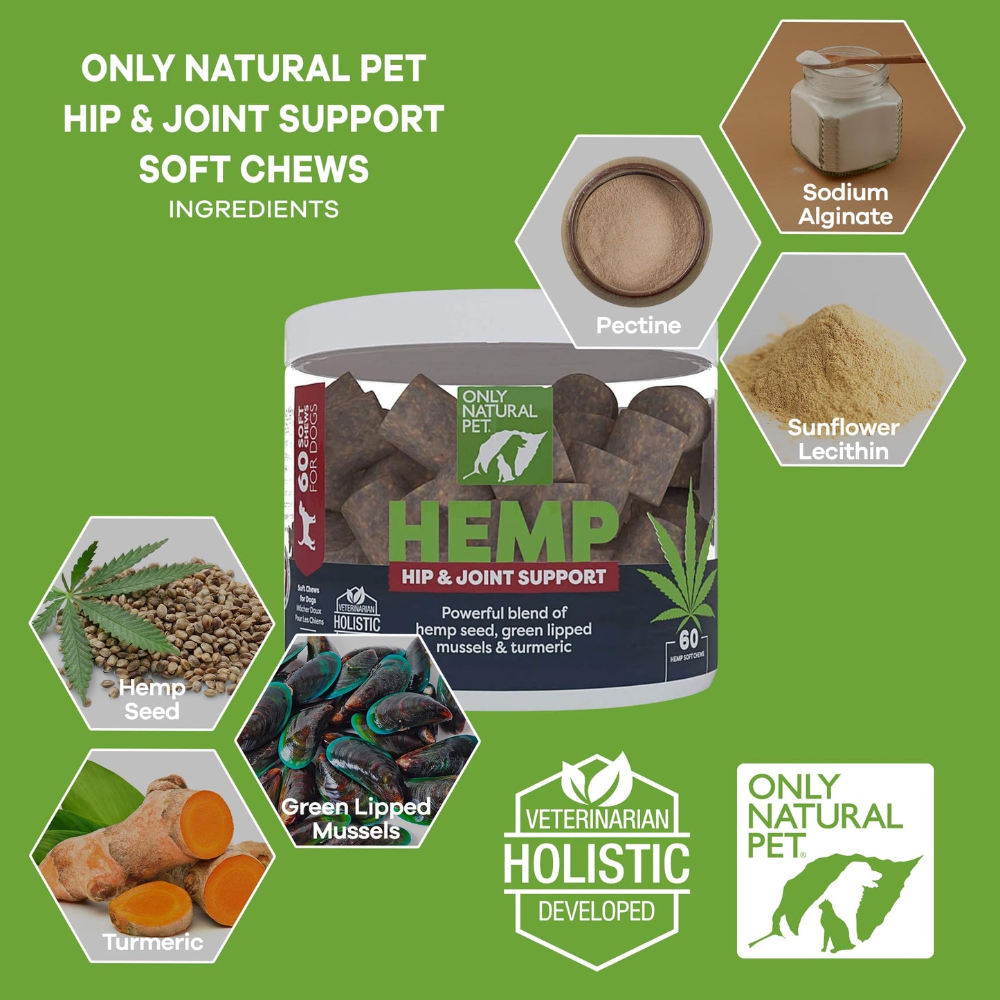 Only Natural Pet Hemp Hip & Joint Support for Dogs - Supplement for Mobility Wellness Pain Relief Healthy Inflammatory & Bone Stiffness - Chews w/Fatty Acid Blend Mussels & Turmeric - 120 Count