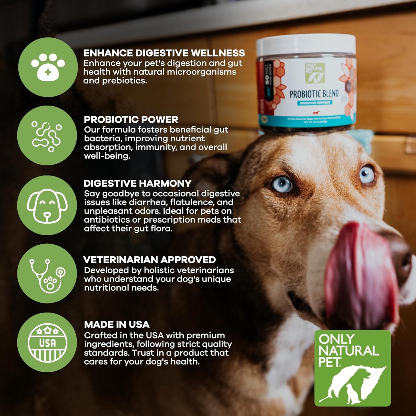 Only Natural Pet Probiotic Dog and Cat Supplement - Digestive & Gut Health Enzyme Formula, Puppy & Canine Digestive Chews, Best for Stomach Relief & Gas Aid - Soft Chews, 60 Count.