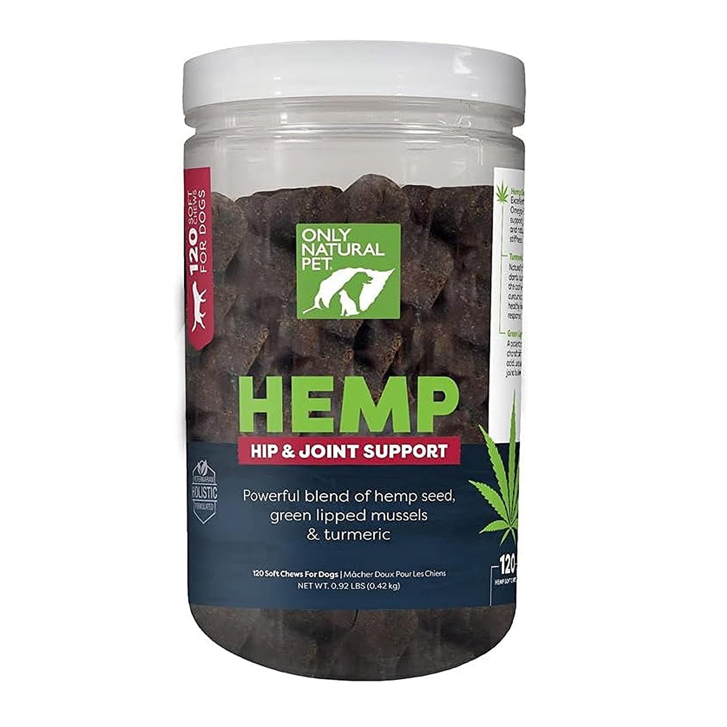 Only Natural Pet Hemp Hip & Joint Support for Dogs - Supplement for Mobility Wellness Pain Relief Healthy Inflammatory & Bone Stiffness - Chews w/Fatty Acid Blend Mussels & Turmeric - 120 Count