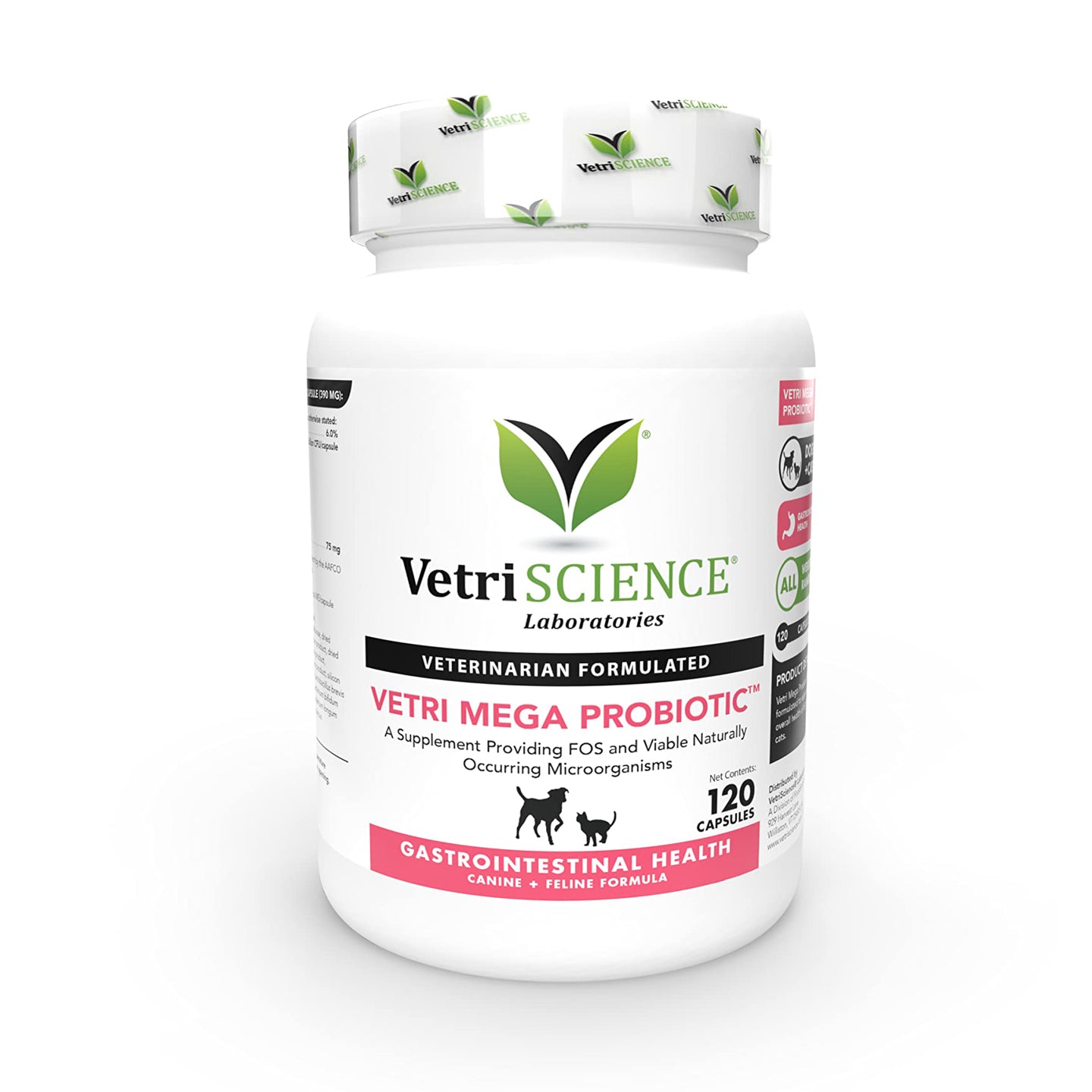 VetriScience Laboratories Vetri Mega Probiotic and Prebiotic for Dogs and Cats, 120 Capsules - Digestive Relief - Easy to Give Capsules - GI Support