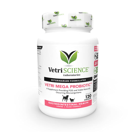 VetriScience Laboratories Vetri Mega Probiotic and Prebiotic for Dogs and Cats, 120 Capsules - Digestive Relief - Easy to Give Capsules - GI Support