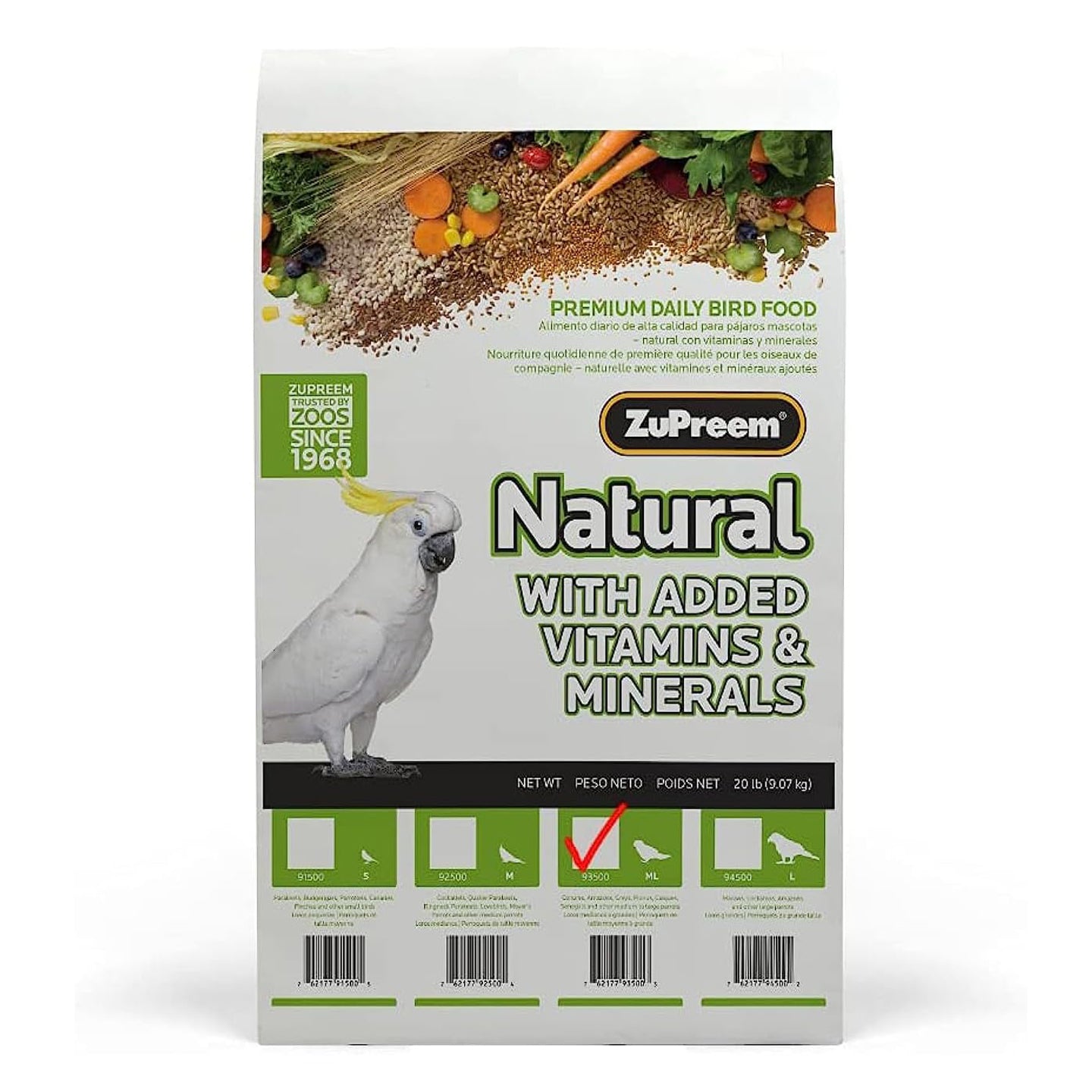 ZuPreem Natural Bird Food Pellets for Parrots & Conures, 20 lb - Daily Nutrition, Made in USA for Caiques, African Greys, Senegals, Amazons, Eclectus