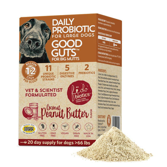 Fidobiotics Good Guts for Big Mutts Probiotic for Dogs, 12 Billion CFUs, 11 Strains, 5 Digestive Enzymes, 2 Prebiotics, Digestive Gut Health for Dogs, Adult & Puppy Probiotics Supplements (20 Days)