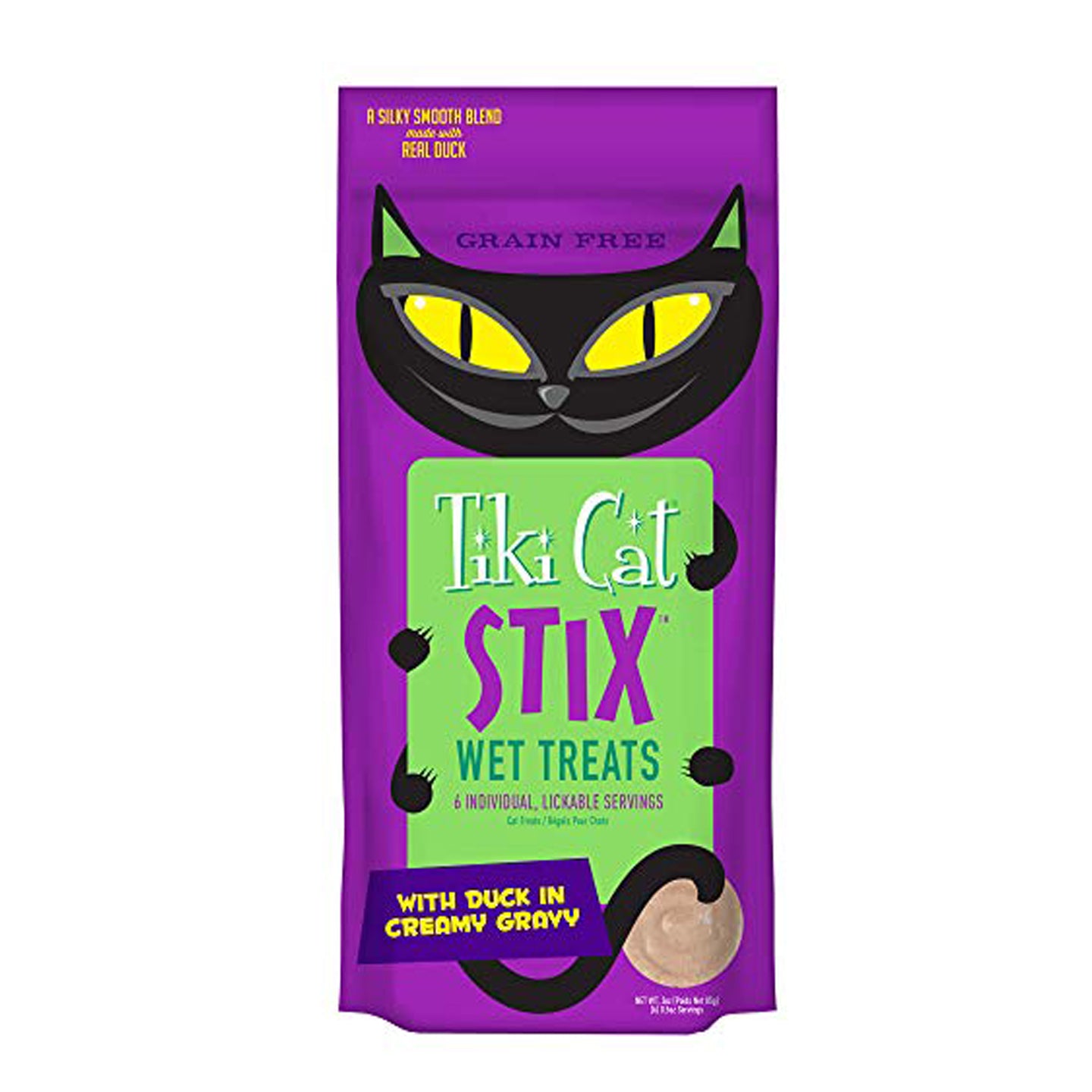 Tiki Cat Stix Mousse Treats, Single Serve Indulgent Lickable Treat or Dry Food Topper, with Duck in Creamy Gravy, 3 oz. Pouch (Pack of 6)